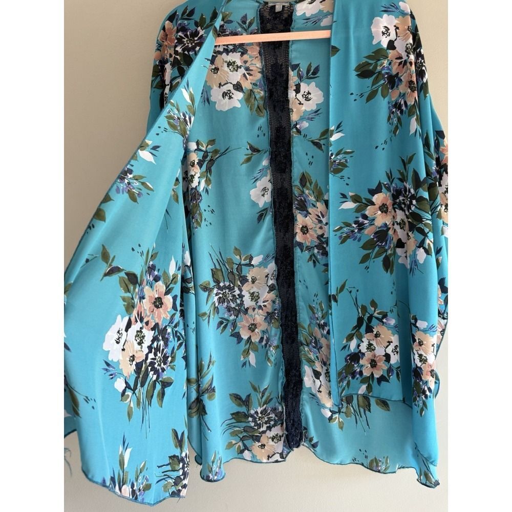 Floral Kimono Cardigan Lace Crochet Sheer Cottage Beach Boho Open Front Duster M - Picture 3 of 15